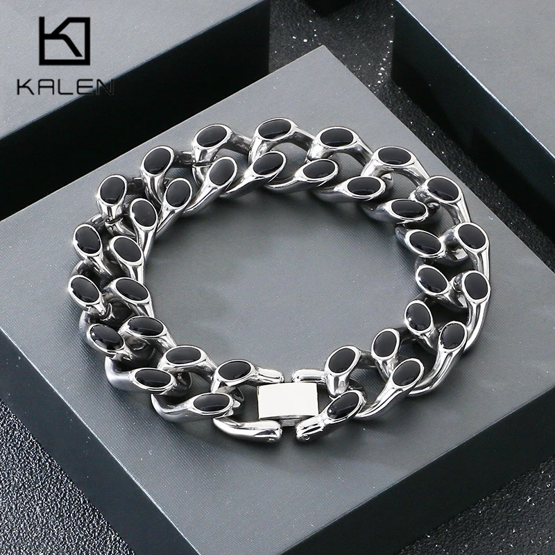 

Мужской браслет KALEN из нержавеющей стали с черной эмалевой вставкой, кубинская цепь, модный, толстый, для повседневной носки, в стиле панк, ювелирное украшение, символический подарок