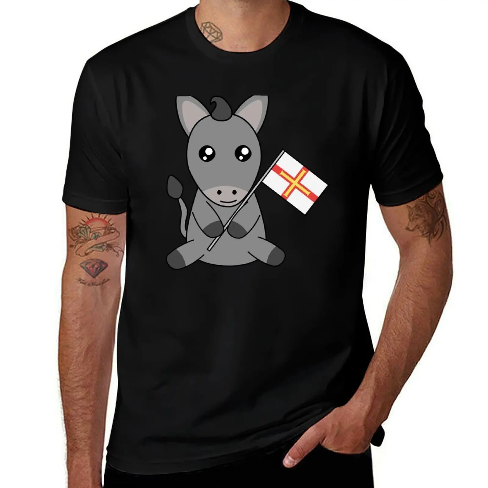 

Guernsey Donkey Waving Guernsey Flag T-Shirt Basic Crew Neck Short Sleeve Top