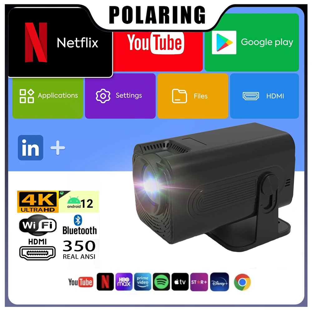 Polaring P50 Android Projector Amlogic 950S Chip 5G Wifi BT 350Ansi Cinema Home Keystone HDMI Proyector 1080P 4K  projector