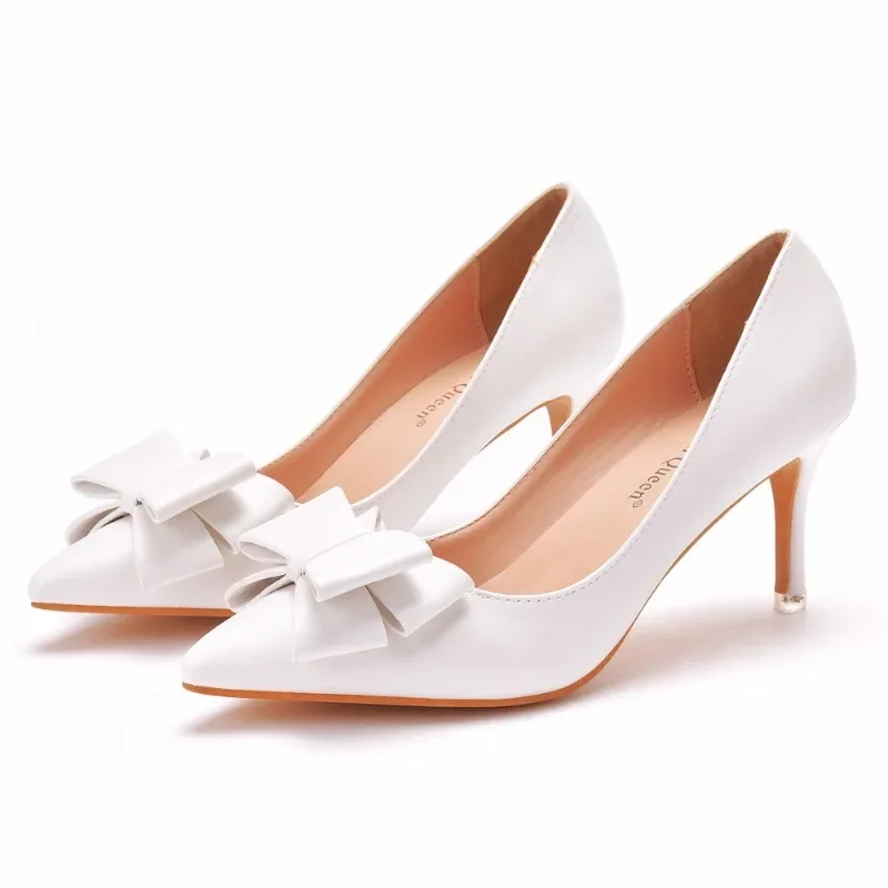 Women Pumps Party Prom Pointed Toe Butterfly knot Slip-On PU 7CM Thin Heels Office Work Office Lady Fashion Women Shoes white