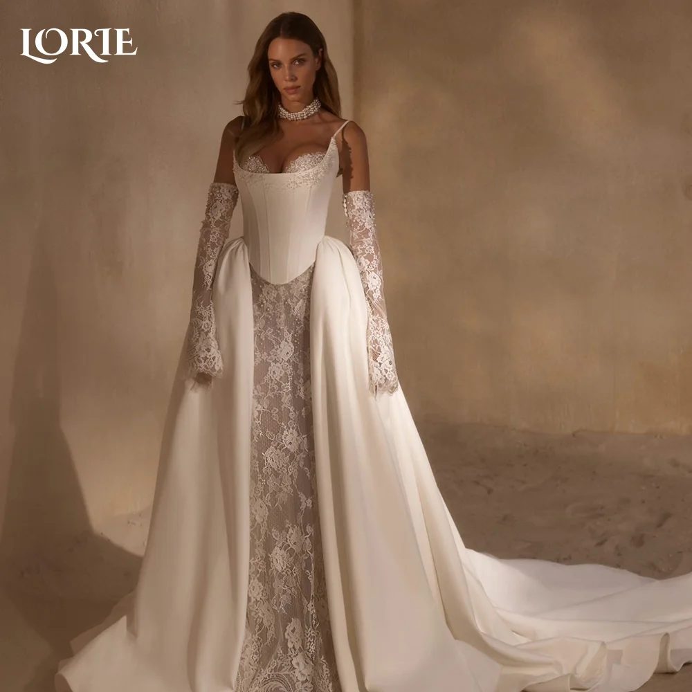 

LORIE Lace Applique Wedding Dresses Spaghetti Straps Corset Bridal Gown Sweep Train Backless Princess Bride Gown Customized