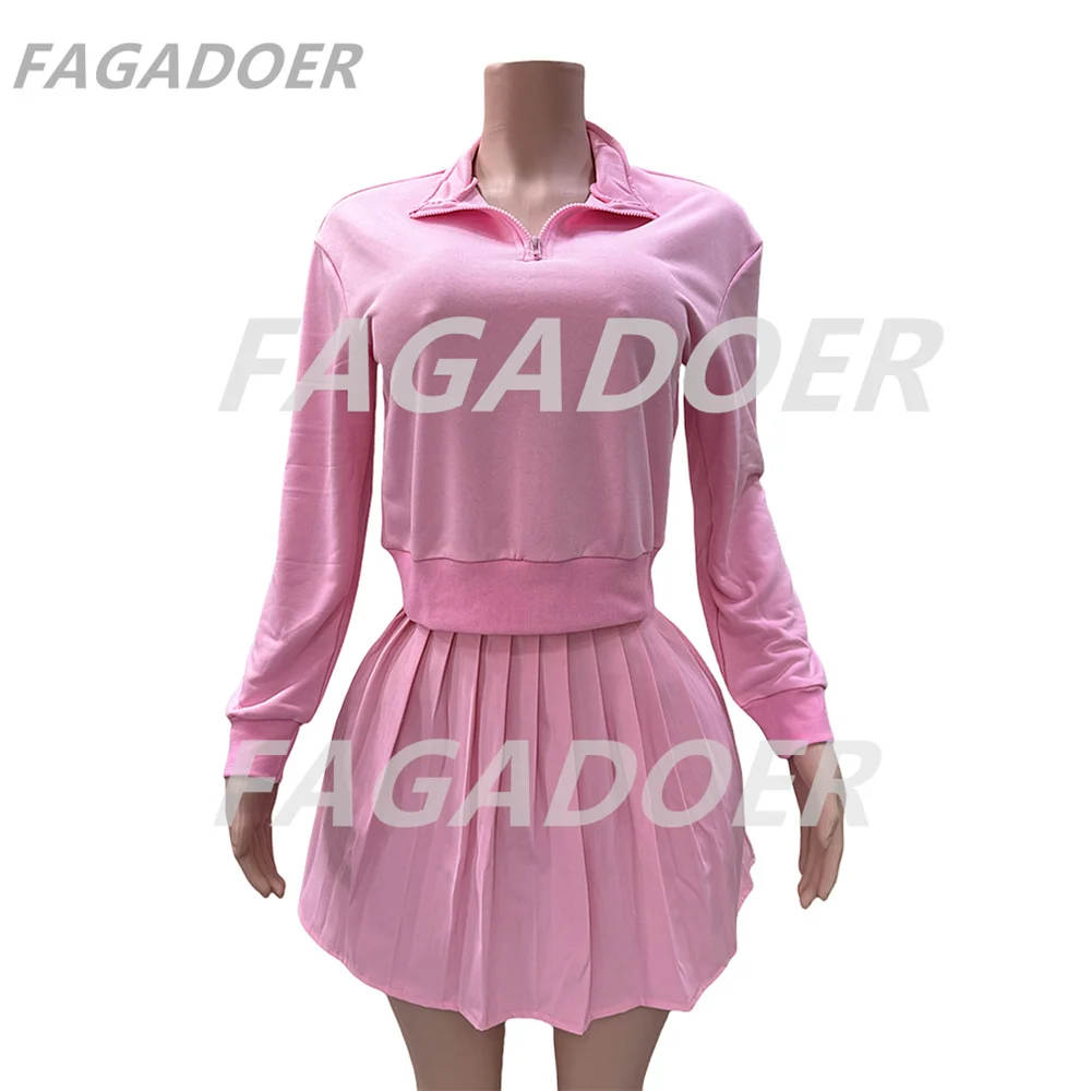 FAGADOER Autumn Winter New Sweet Pleated Skirts 2 Piece Sets Women Outfit Fashion Zip Sweathirt Top and High Waist Skirt Suits