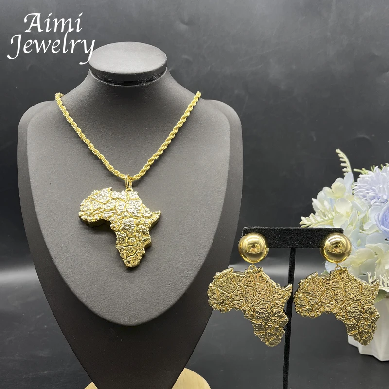 Africa Map Pendant Necklace Earrings Dubai 24K Gold Plated Jewelry Set Women Party African Nigerian Egyptian Bridal Wedding Gift