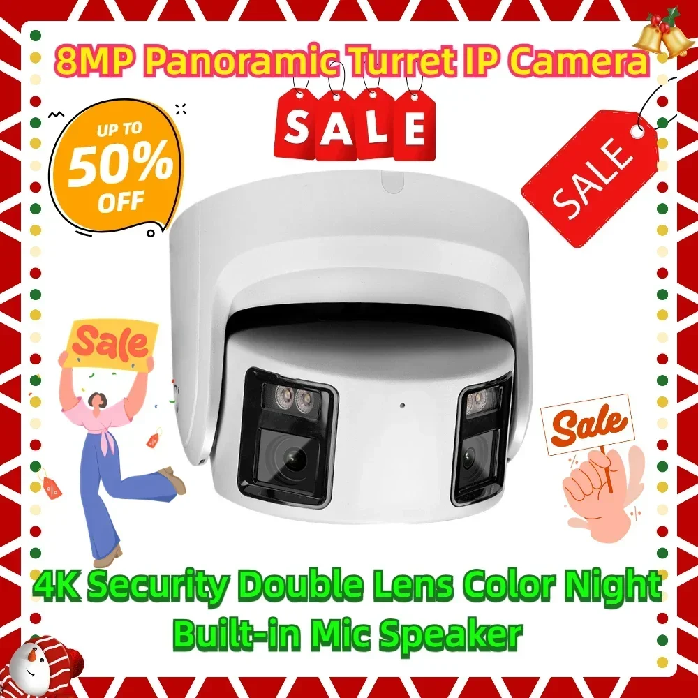 4K Security Double Lens Color Night Built-in Mic Speaker 8MP Panoramic Turret IP Camera