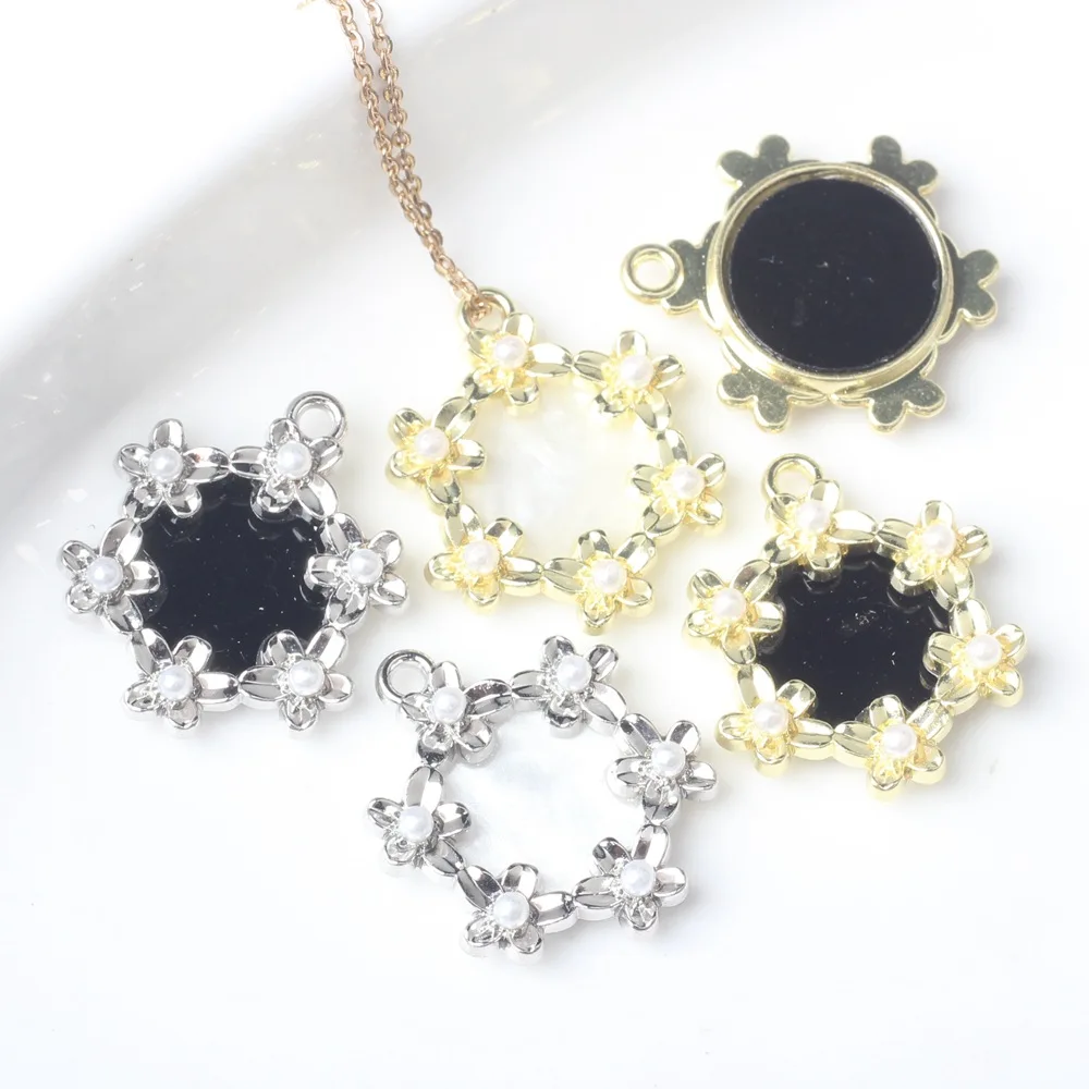 6pcs/lot 20*22MM Zinc Alloy Resin Pearl Inlaid Flower Pendant Charms for Necklace Bracelet Jewelry Marking Diy Accessories