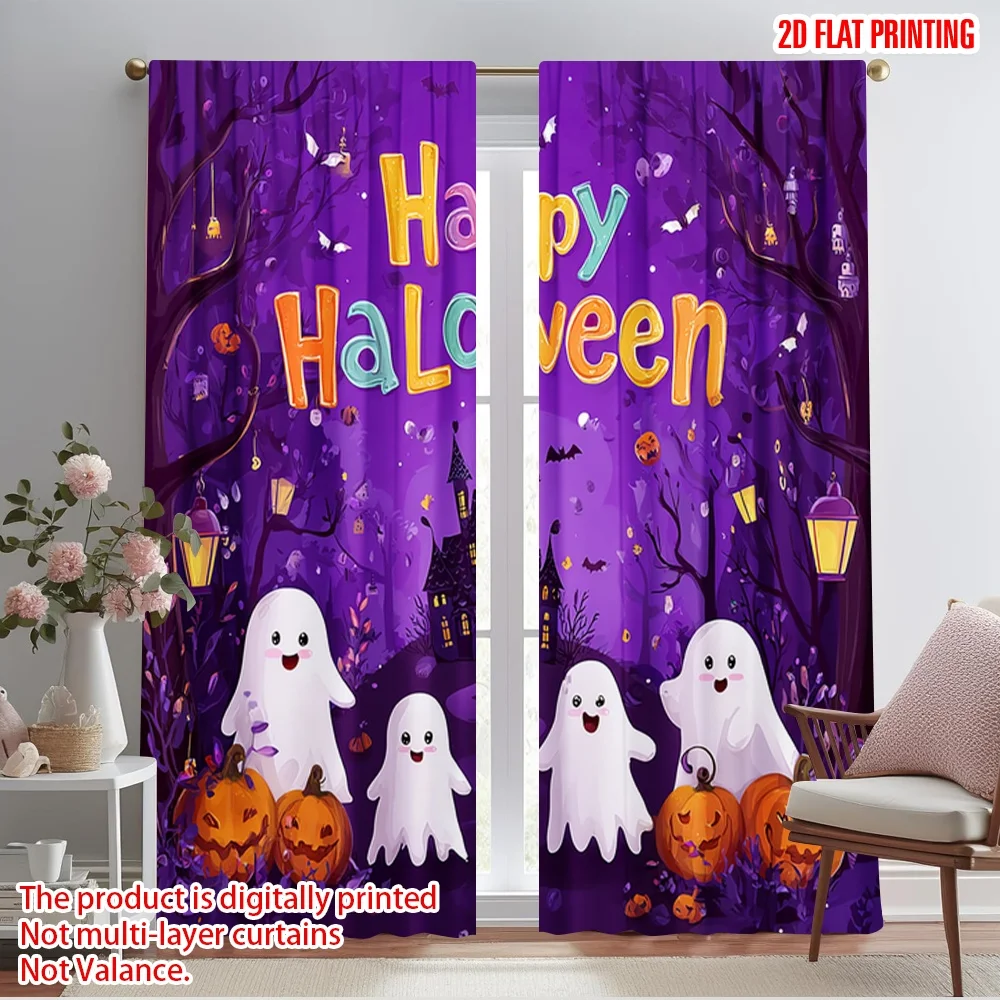2pcs,2D plane printing Curtains&Window Treatment Ghosts_ Pumpkins_ and Bats Versatile 100% Polyester (without rod) Room Decor