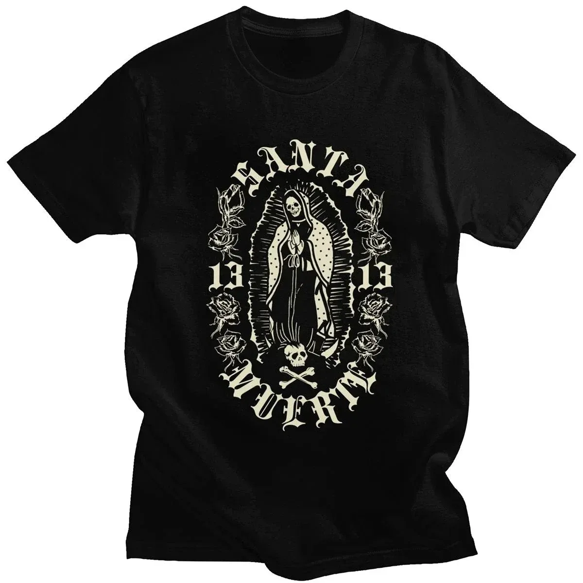 

Классическая готическая футболка Santa Muerte 13, мужская рубашка Lady of Holy Death, футболка с мексиканским черепом, хлопковая футболка с короткими рукавами, бестселлер, круглый вырез