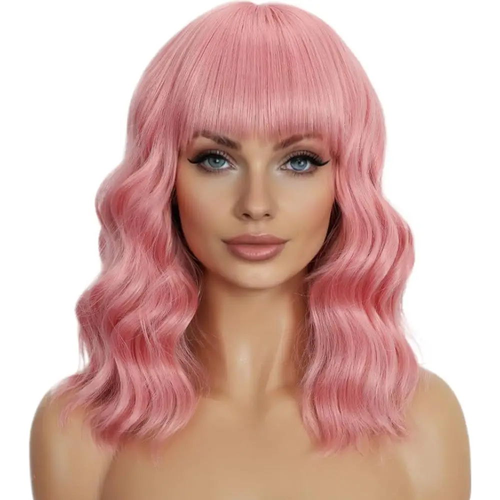 

Women's BOBO Short Curly Wig with Bangs - Pink-Gold Water Wave Full Head Wig, Natural Looking Synthetic Hairpiece For Cosplay