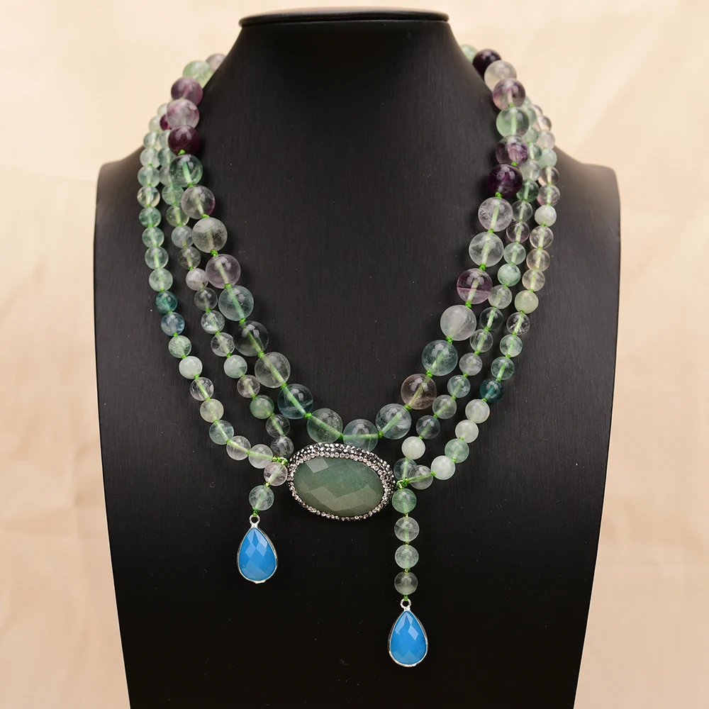 APDGG A85 Handmade 3 Rows Natural Mix Stone Fluorite Jade Multi Strands Necklace