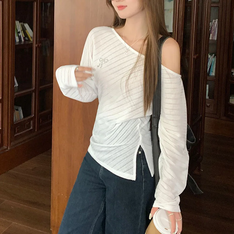 Women's Korean Style Striped Long Sleeve T-Shirt   Fashionable Sexy Irregular Slant Shoulder Loose Sun Protection Cover Up Tops