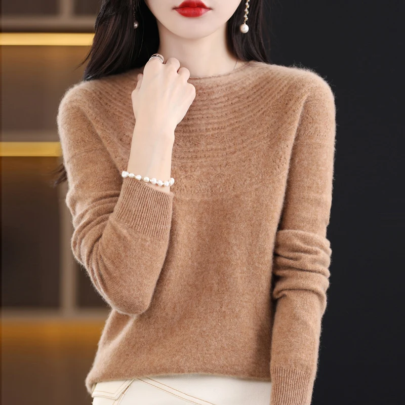 100% Merino Wool Seamless Cashmere Sweater Women\'s O-Neck Hoodie Autumn/Winter New Knitted Sexy Hollow Wool Sweater NJR1107