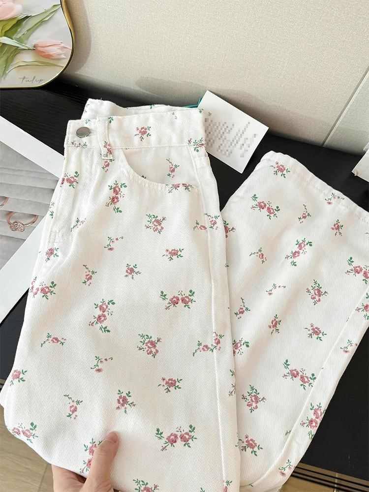 Sweet Floral Print Straight Jeans for Women Loose All-Matched High Waist Wide Leg Denim Pants Ladies Vintage Trousers