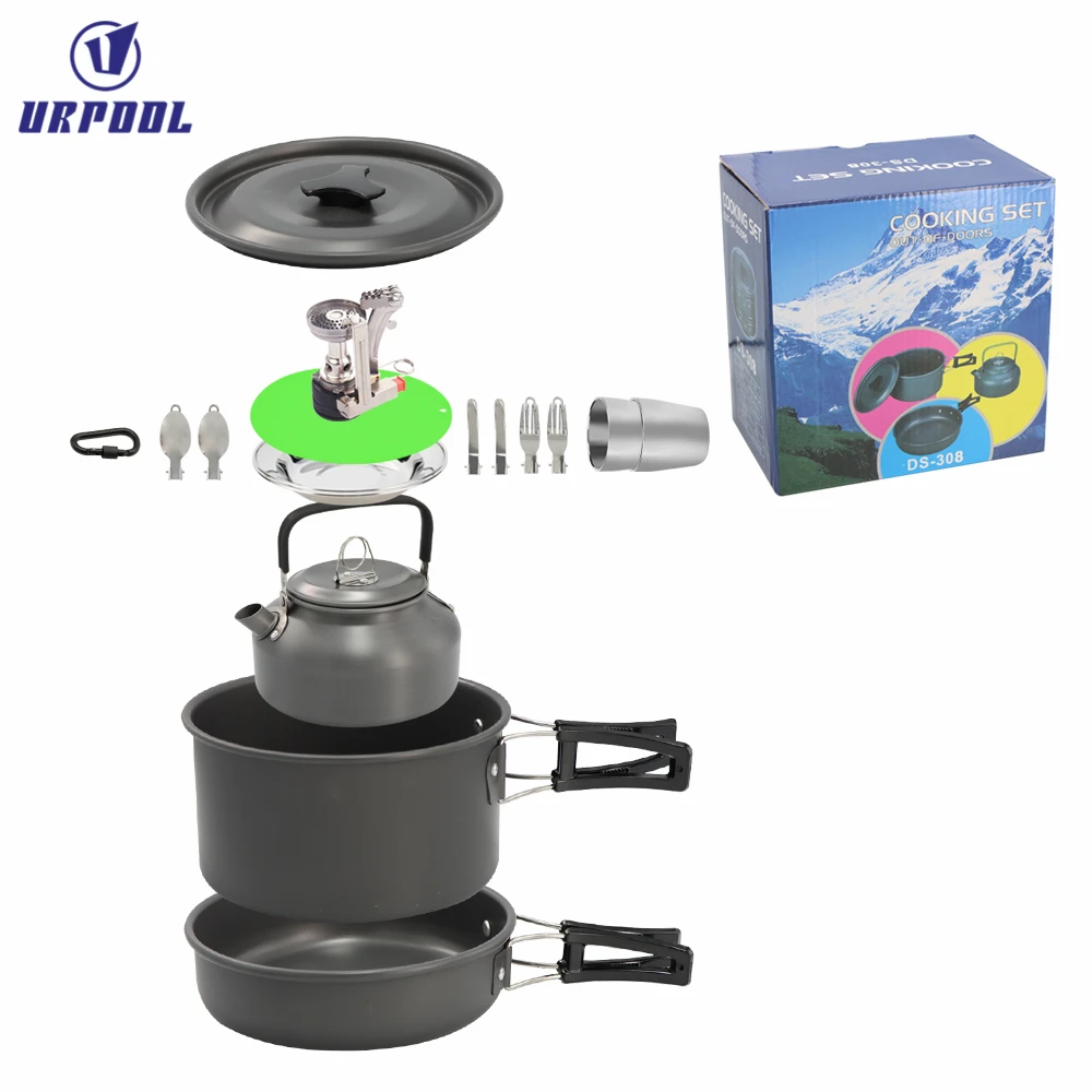 Olla de aleación de aluminio para acampar, juego de vajilla turística para senderismo, Picnic, con cuchara plegable, Mini estufa de Gas, utensilios de cocina para viajes de acampada al aire libre