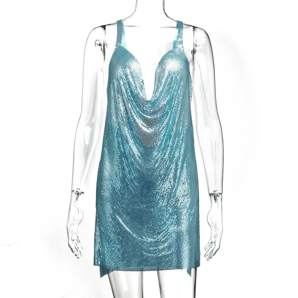 

2023 Suspender Style Sexy Solid Color Slimming Metallic Sequin Dress LBZ1375