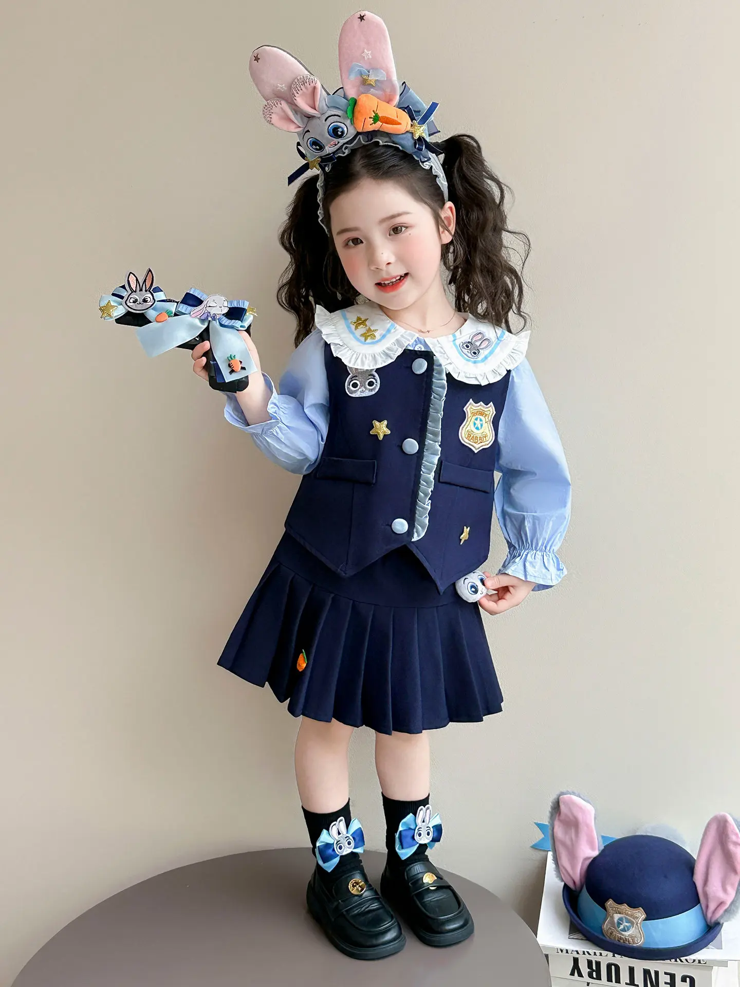 

Cartoon Rabbit Police Officer 3Pcs Set Girls' Spring College Style Long Sleeve Shirt Vest Pleated Skirts Cute Fashion Kids Suits