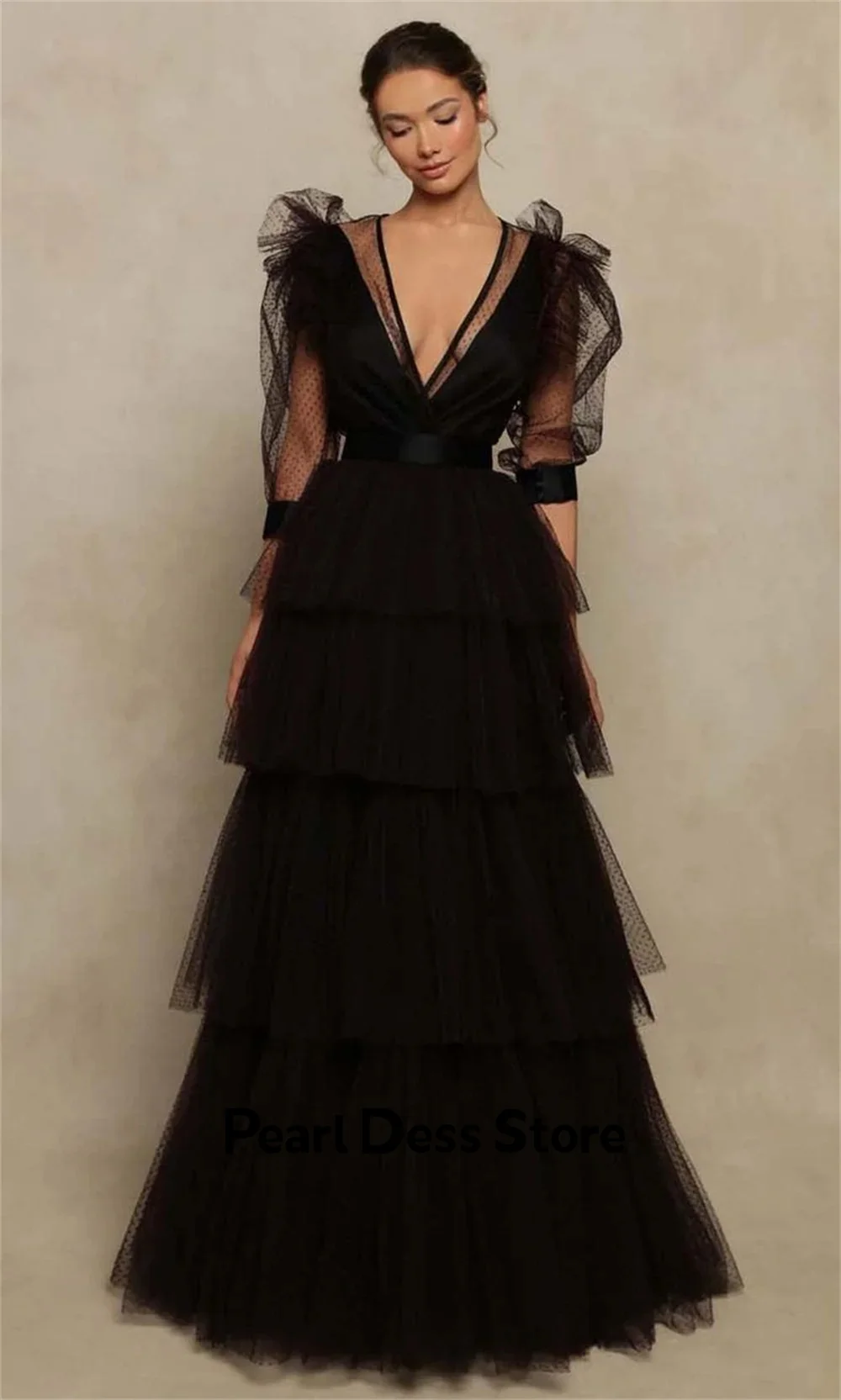 Mysterious Ball Dress 2024 V-neck Multi layer Bubble Sleeve Black Evening Dress Robe De Soiree