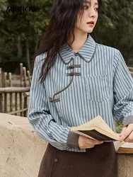 MISHOW Chinese Shirt Women Blue Grey Striped Patchwork Blouse 2024 Winter Loose Lapel Neck Top Retro Pocket Shirt MXD43C0332