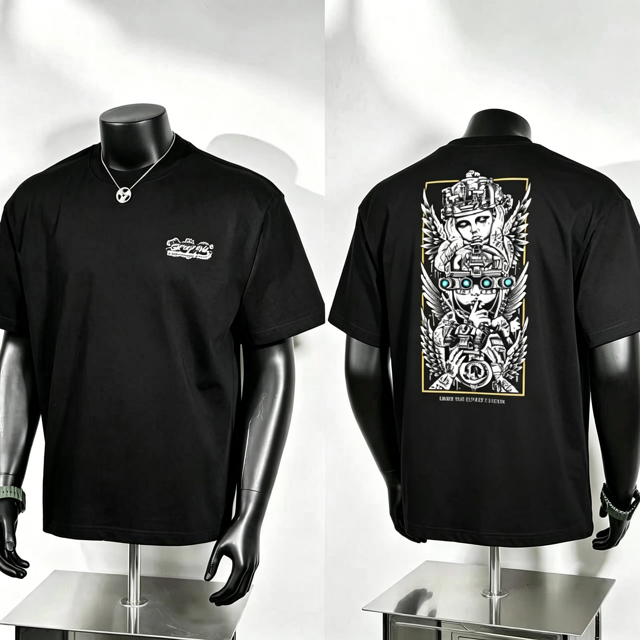 Cyber Tactical Figure Graphic T Shirt, Mini Cursive Script Chest Logo and Large Vertical Gold‑Framed Winged Tactical Woman Back