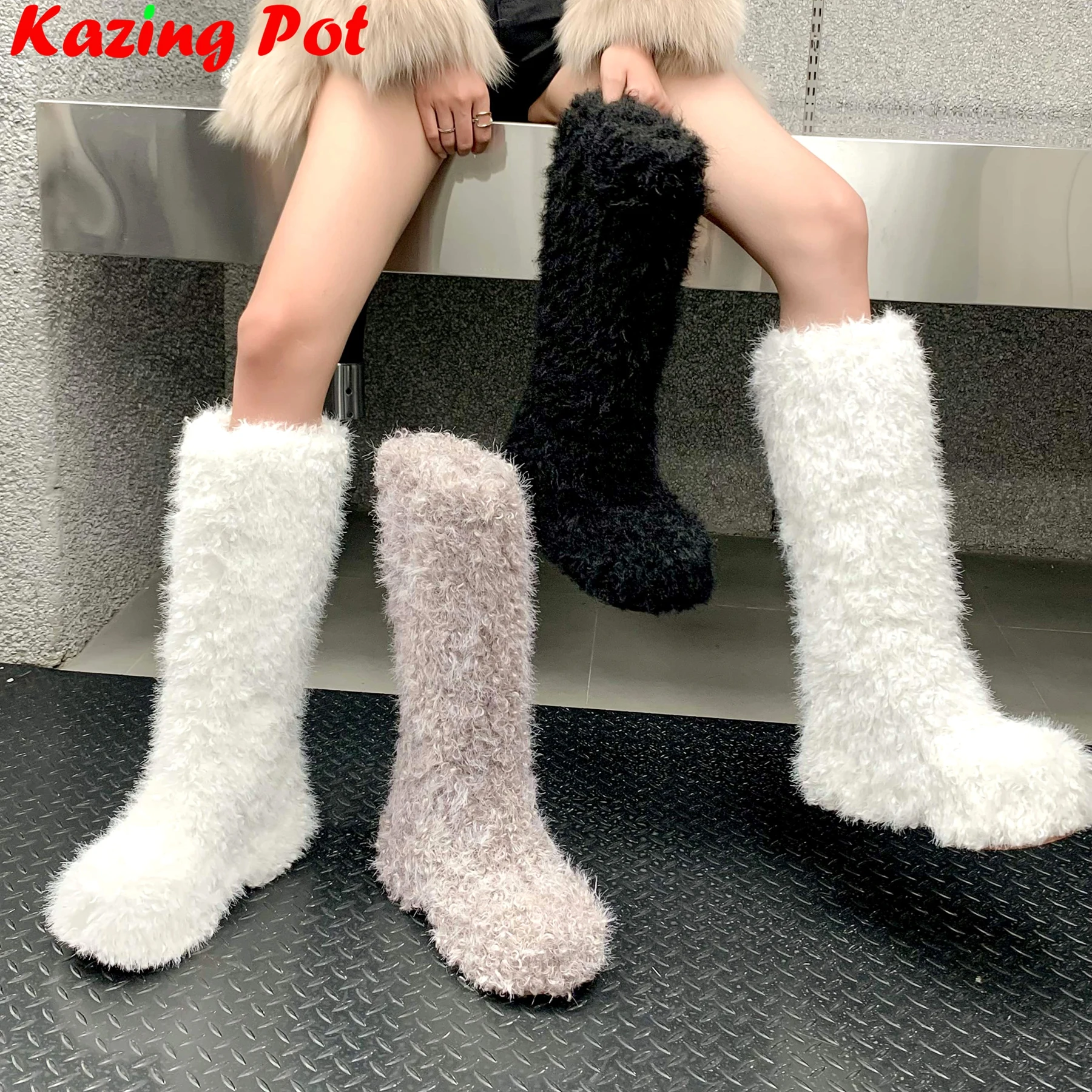 

Холодостойкие зимние сапоги на высоком каблуке из кроличьей шерсти, зимняя обувь на платформе, роскошные подиумные женские сапоги до колена