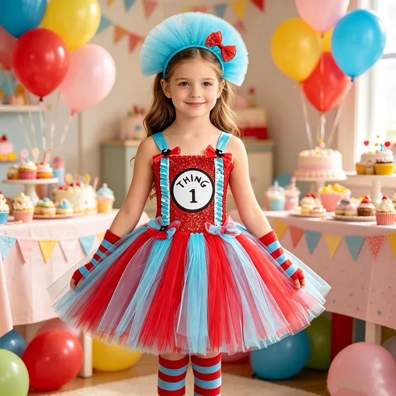 Thing No.1 & 2 Costumes for Girls Red Blue Striped Character Cat Tutu Dress Kids Halloween Carnival Fancy Outfit Twins Tutus Set