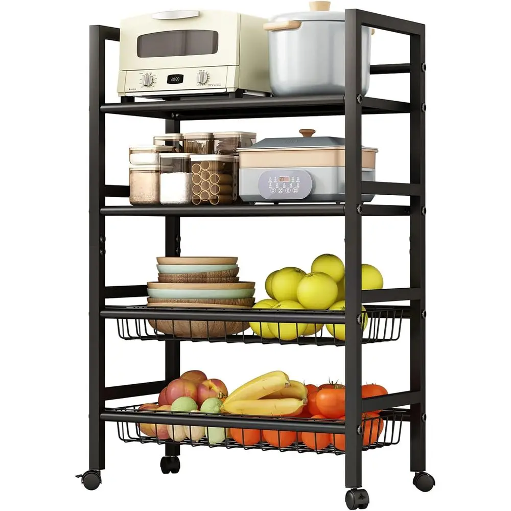 

4-Tier Rolling Metal Storage Cart Mobile Organizer with Removable Grid Basket and Locking Wheels, Suitable for Multiple Uses, Bl