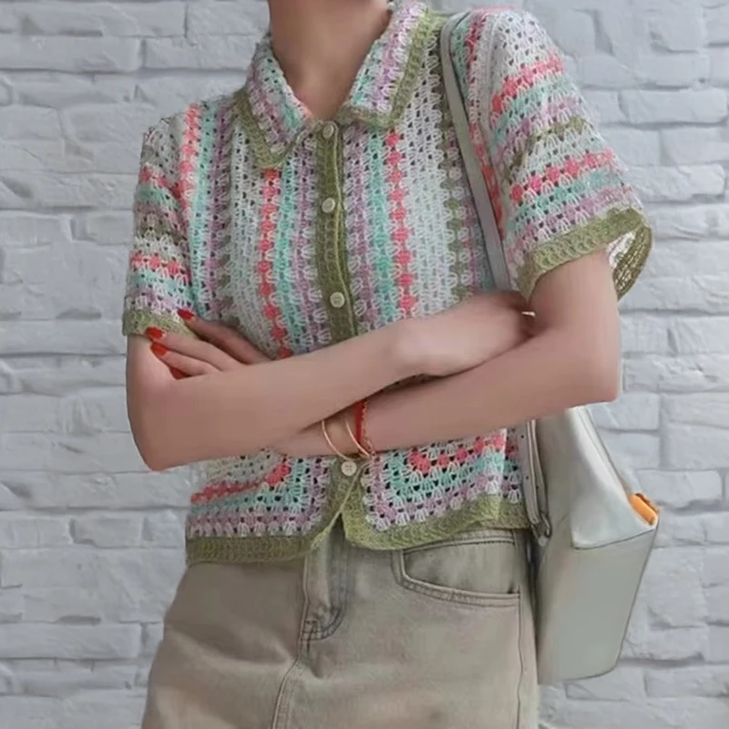 Button Up Crochet Shirt for Women Short Sleeve Collored Blouse Openstitch Knit Cover-up Spring Summer 2026 Boho Festival