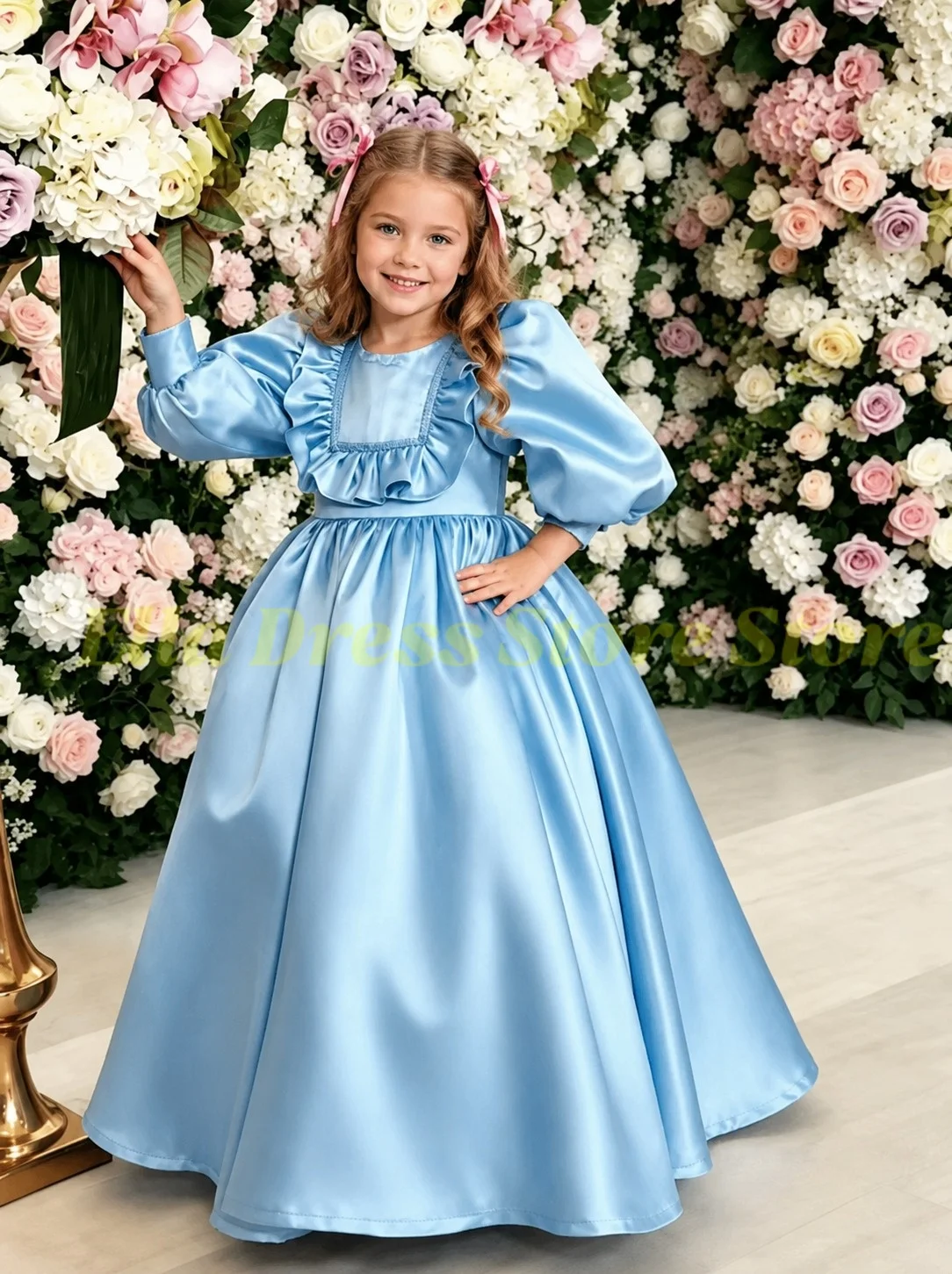 Großhandel Rosa Satin Rüschen-Blumenmädchenkleid Kleinkinder Ballonärmel Prinzessinnen-Kommunionkleid Maßgeschneidertes Hochzeits-Partykleid – Detail 1