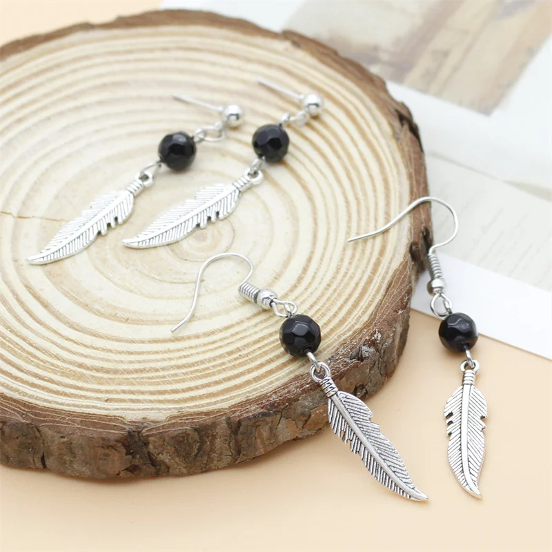 2022 New Fashion Black Bead Alloy Feather Long Earrings Personality Geometric Tassel Punk Style Female Earrings Jewelry Gift