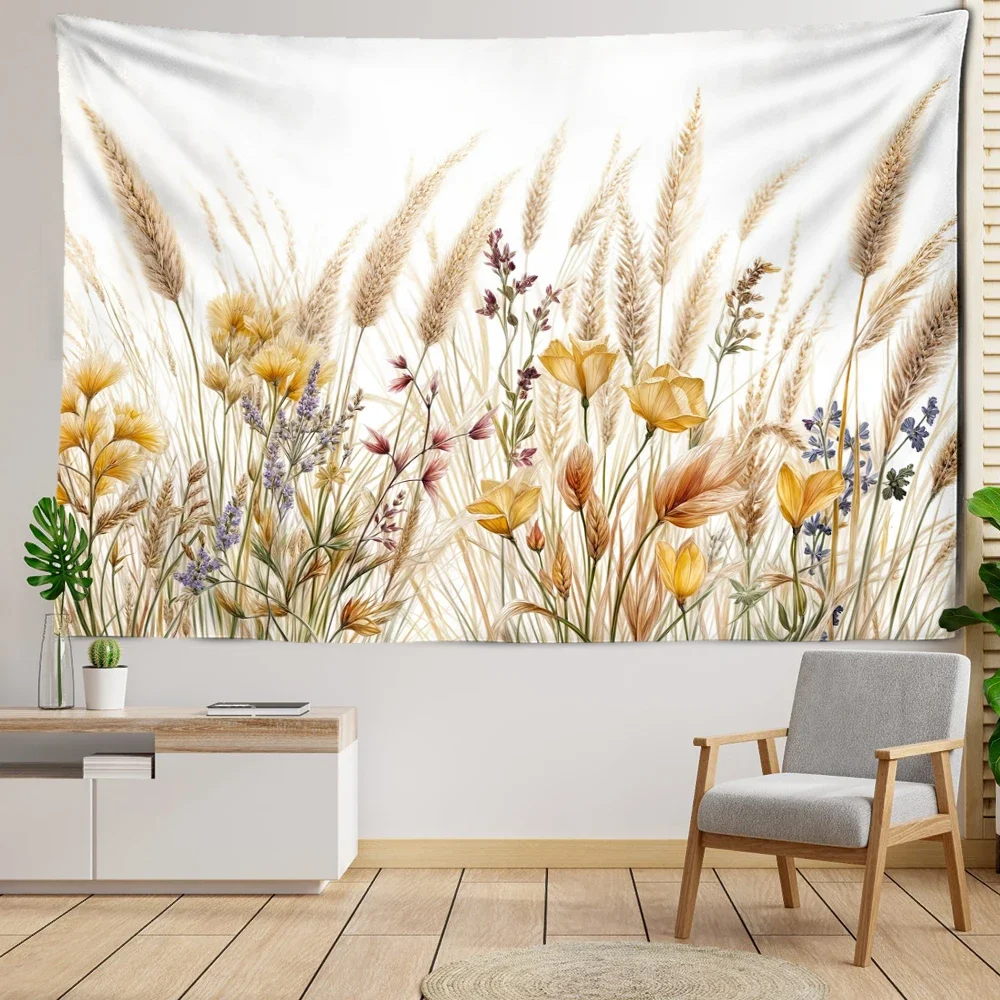 Tapiz de trigo y flores silvestres para colgar en la pared, plantas de paisaje Natural, estilo Simple, bohemio, dormitorio, sala de estar, decoración del hogar