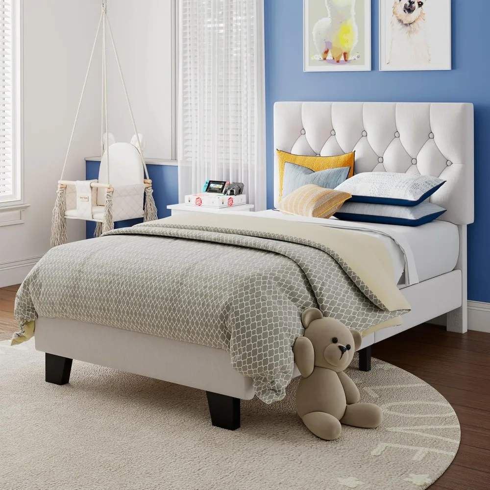 

Twin Upholstered Bed Frame with Headboard, Button Tufted Linen Bed Base, Platform Bed with Wood Slat, Heavy Duty, Easy Assembly,