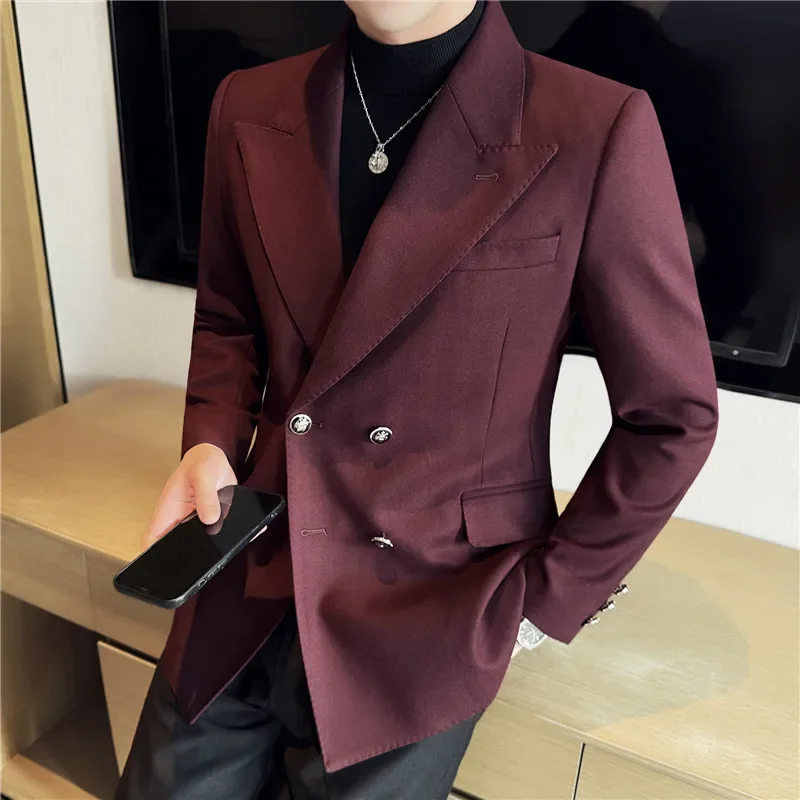 Elegant Men's Solid Color Fitted Single Breasted Double-row Button Business Casual Formal Suit for Weddings, Social Events.