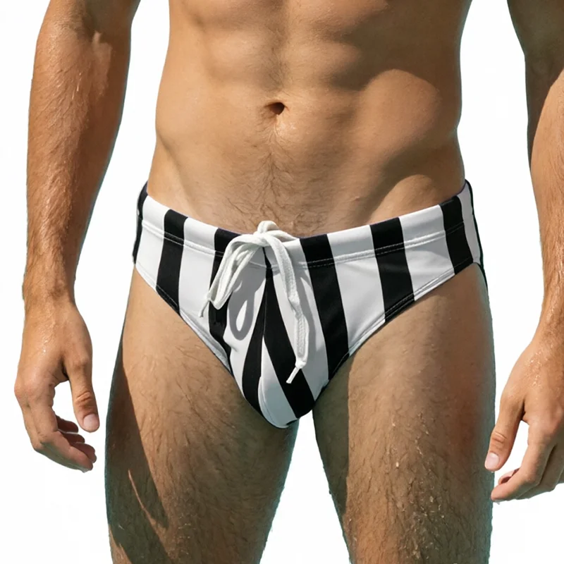 Men's Low Waist Triangle Bikini Swim Trunks High Elastic Printed Summer Beach Swimming Briefs