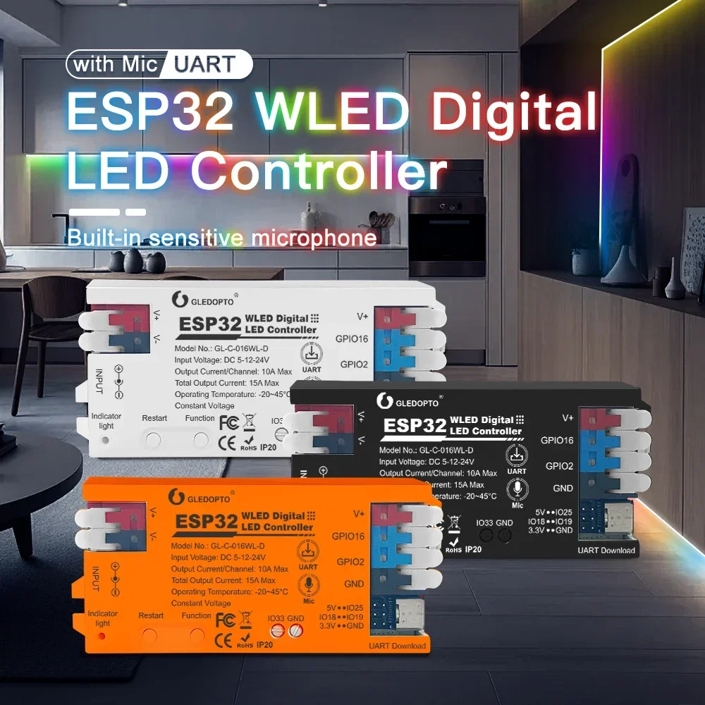 ESP32 8266 WLED LED Controller with Microphone, Music Sync Supports WS2811/2812B/WS2813/2815/SK6812 Strip Lights