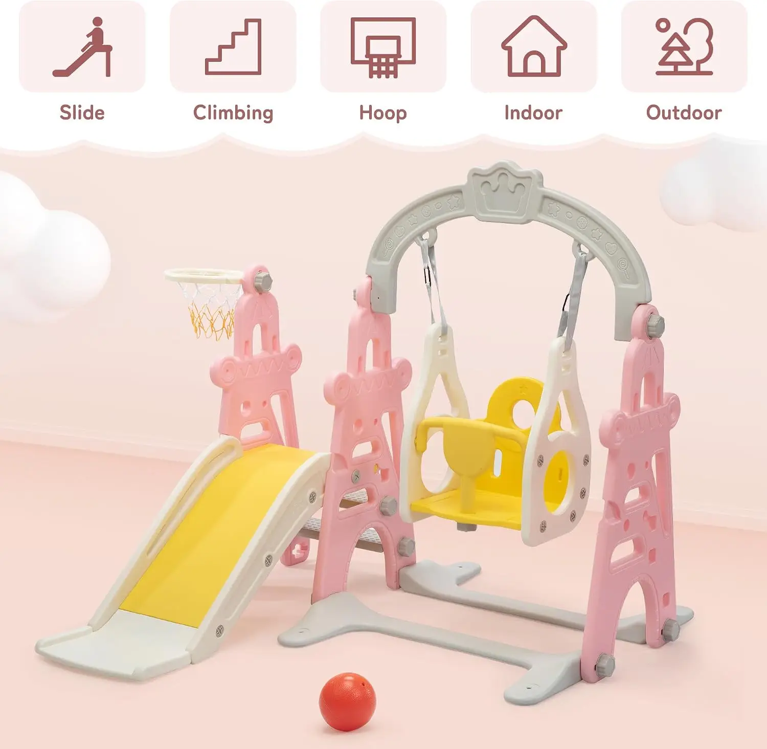 4-in-1 Toddler Slide & Swing Set for Toddlers Age 1-3 | Freestanding Kids Slide with Climber, Swing, Basketball Hoop, Baby Slide