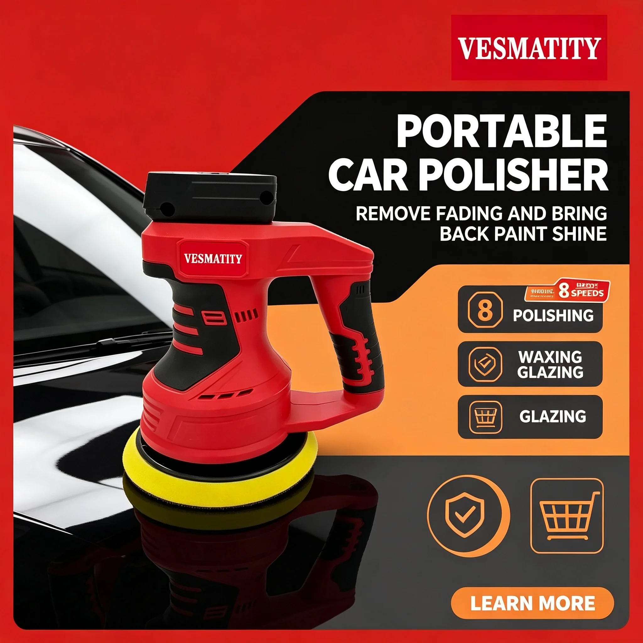 VESMATITY Goddess Brushless Electric Car Polisher 8 Gear 145mm Cordless Car Waxing Grinding Machine For Dewalt 20V Battery Pi