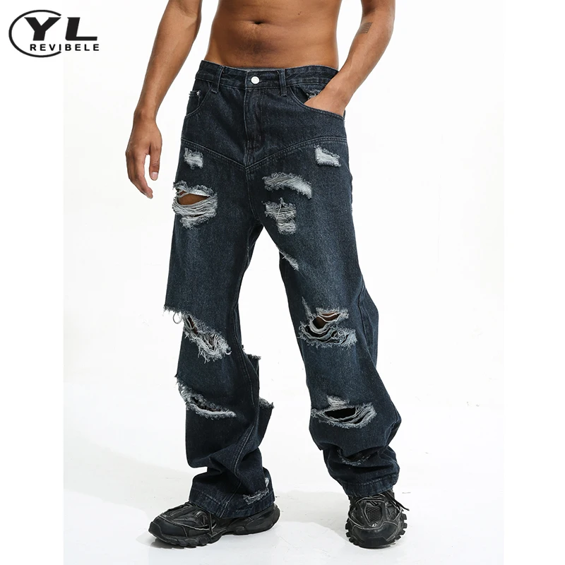 Vintage Baggy Hole Jeans Man High Street Hip Hop Wash Wide Leg Denim Pants Male Tassels Harajuku Casual Straight Cowboy Trousers