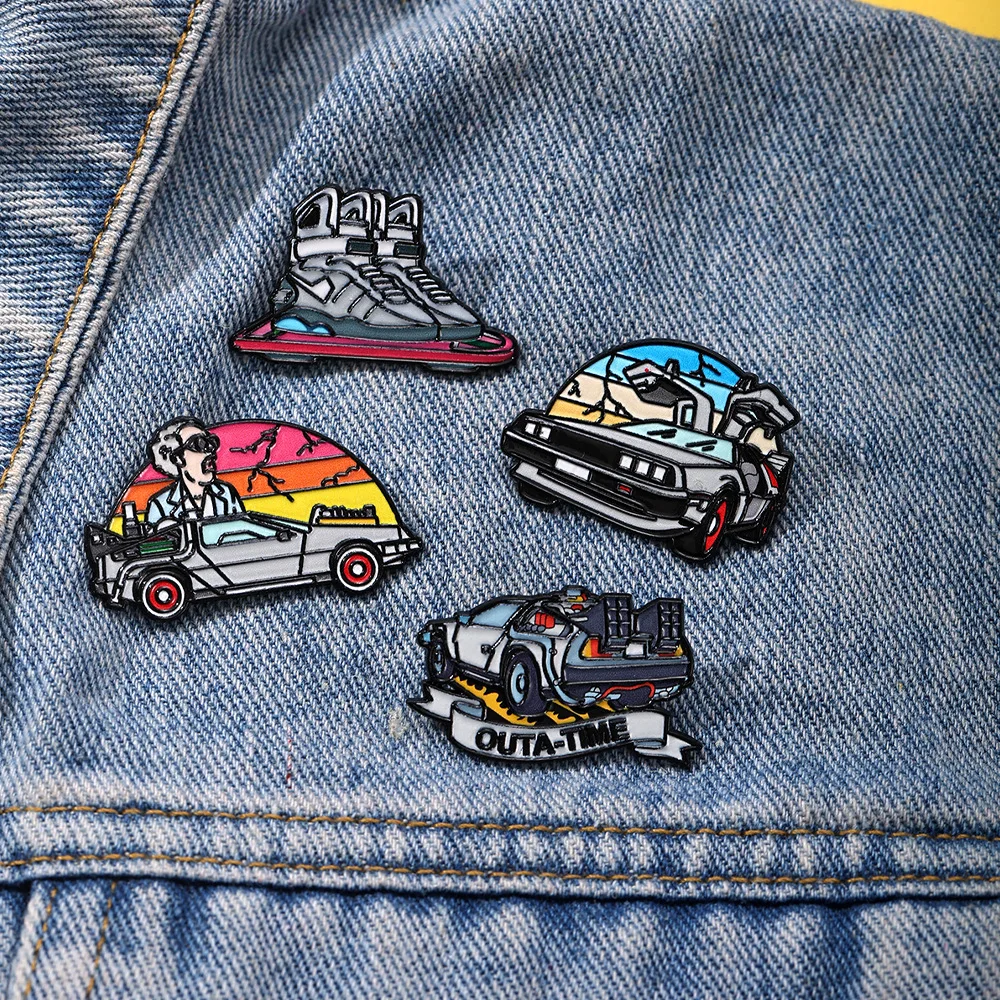 4pcs/set Retro Cartoon Sport Car Enamel Pin Science Fiction Movies Inspired Vehicle Brooch Jacket Lapel Badge Gift For Friends