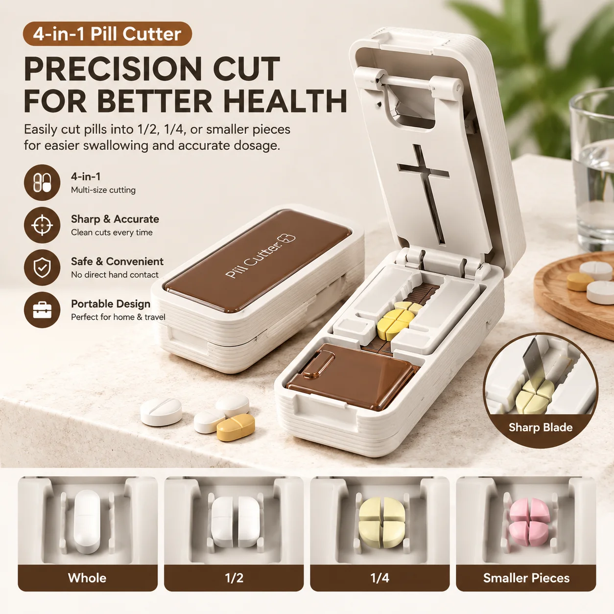 Pill Cutter Cross Cut 4 Way Tablet Splitter Multi Size Anti Slip BPA Free Precise Divider For Elderly Travel Home