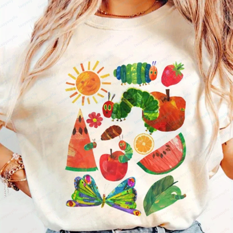 All Seasonal Women Cotton Thirt The Very Hungry Caterpillar Sun Butterfly Playful Artistic Style Casual Retro Graphic Tee Summer