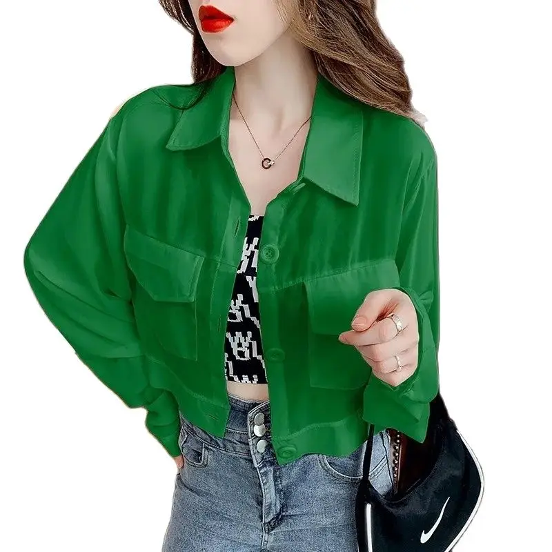 Thin Chiffon Sunscreen Women\'s Jacket 2022 New Summer Casual  Long-Sleeved Cardigan Short Coat Tops Green White Black Outerwear