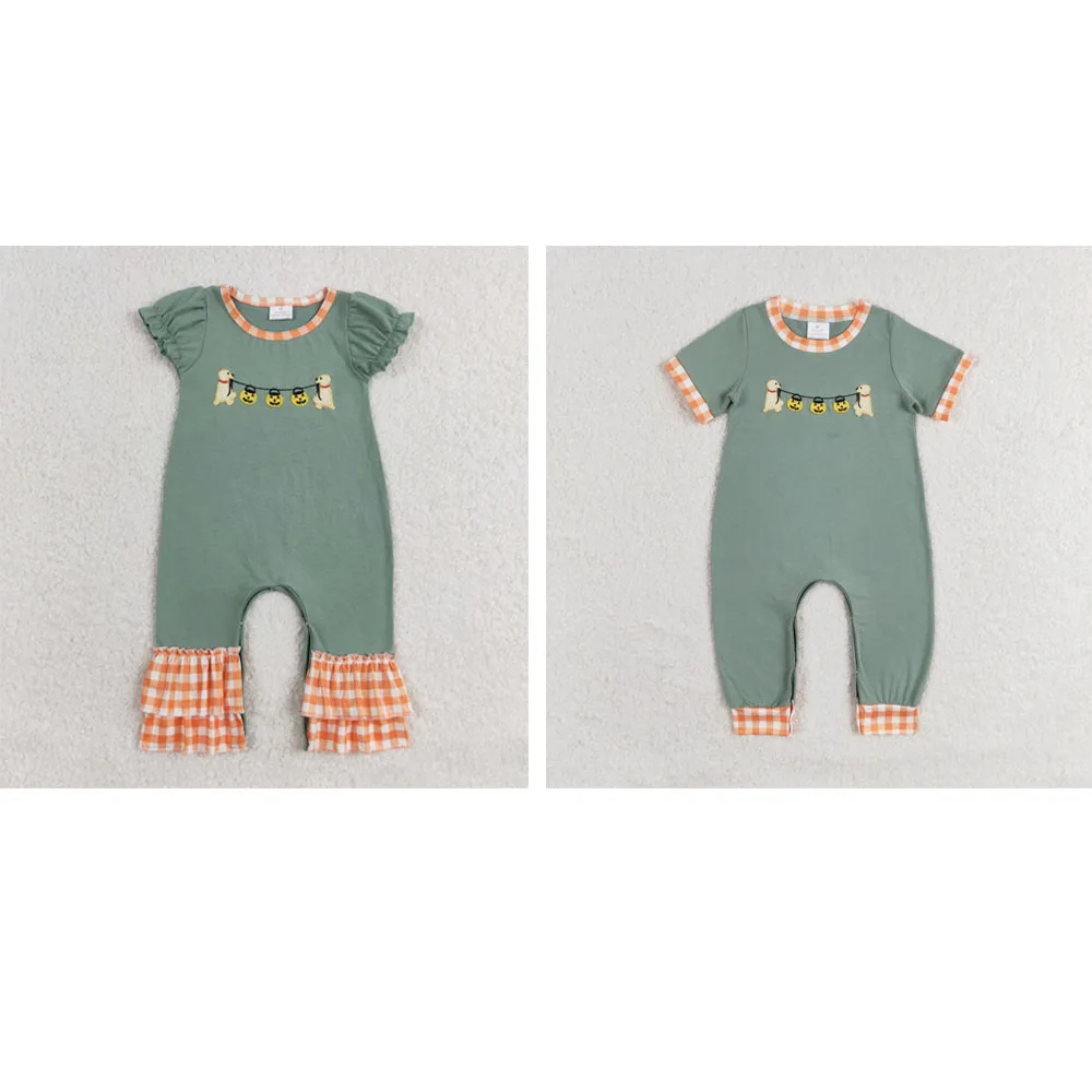 

Wholesale newborn toddler Baby Kids Embroidered Halloween jack-o '-lantern puppy orange plaid border teal short-sleeved onesie