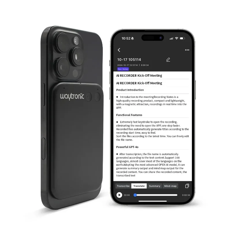 Newest AI App Smart Magnet Dictaphone Phone Call Activated Voice Recorder with Language Translation & Summarize MP3 Audio Format