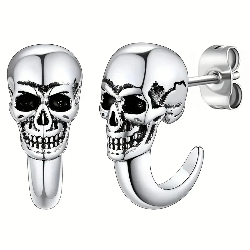 C circle with skull for men's stainless steel earring,black,white,golden,Gothic style