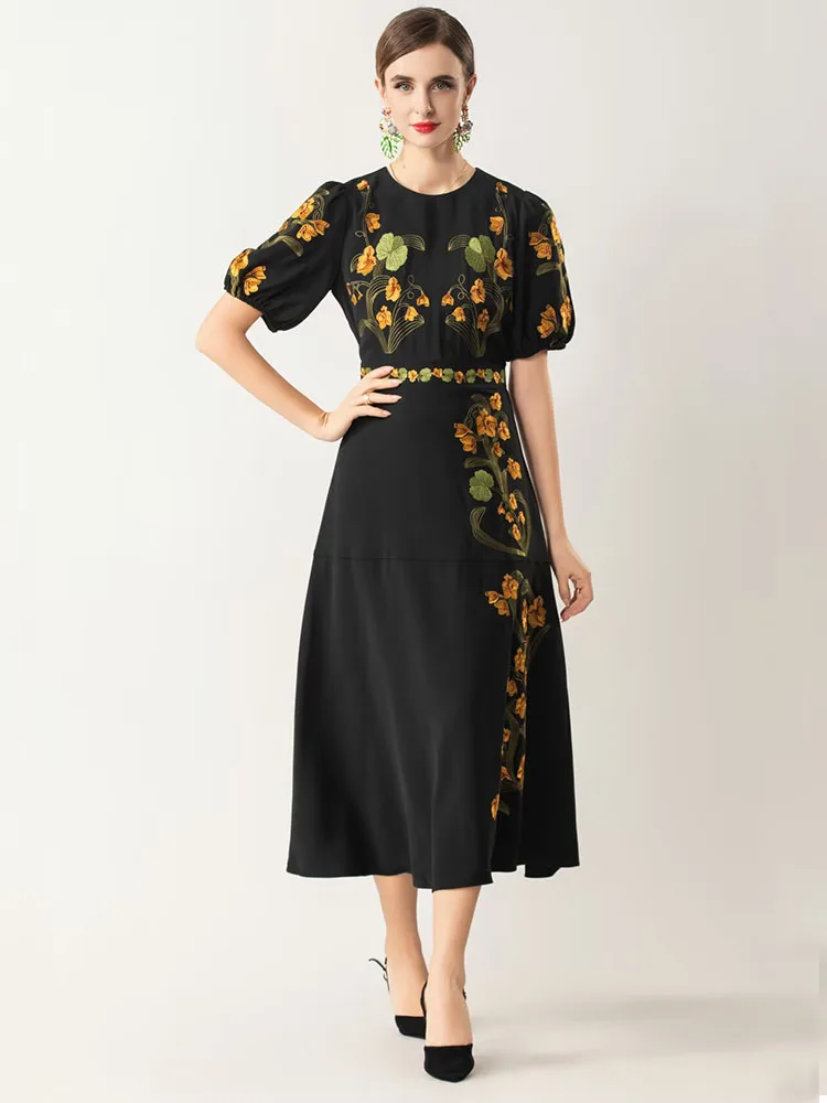 

JUNLINNA Spring Summer Dress Women O-Neck Short Sleeve Flower Embroidery Vestidos Midi Sliming Lady