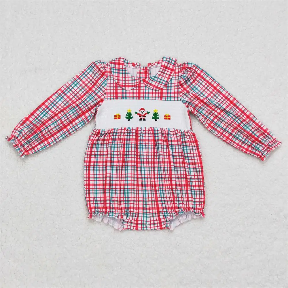 Baby Girl Plaid Embroidery One Piece Newborn Toddler Romper Kids Children Long Sleeves Infant Christmas Santa Smocked Jumpsuit