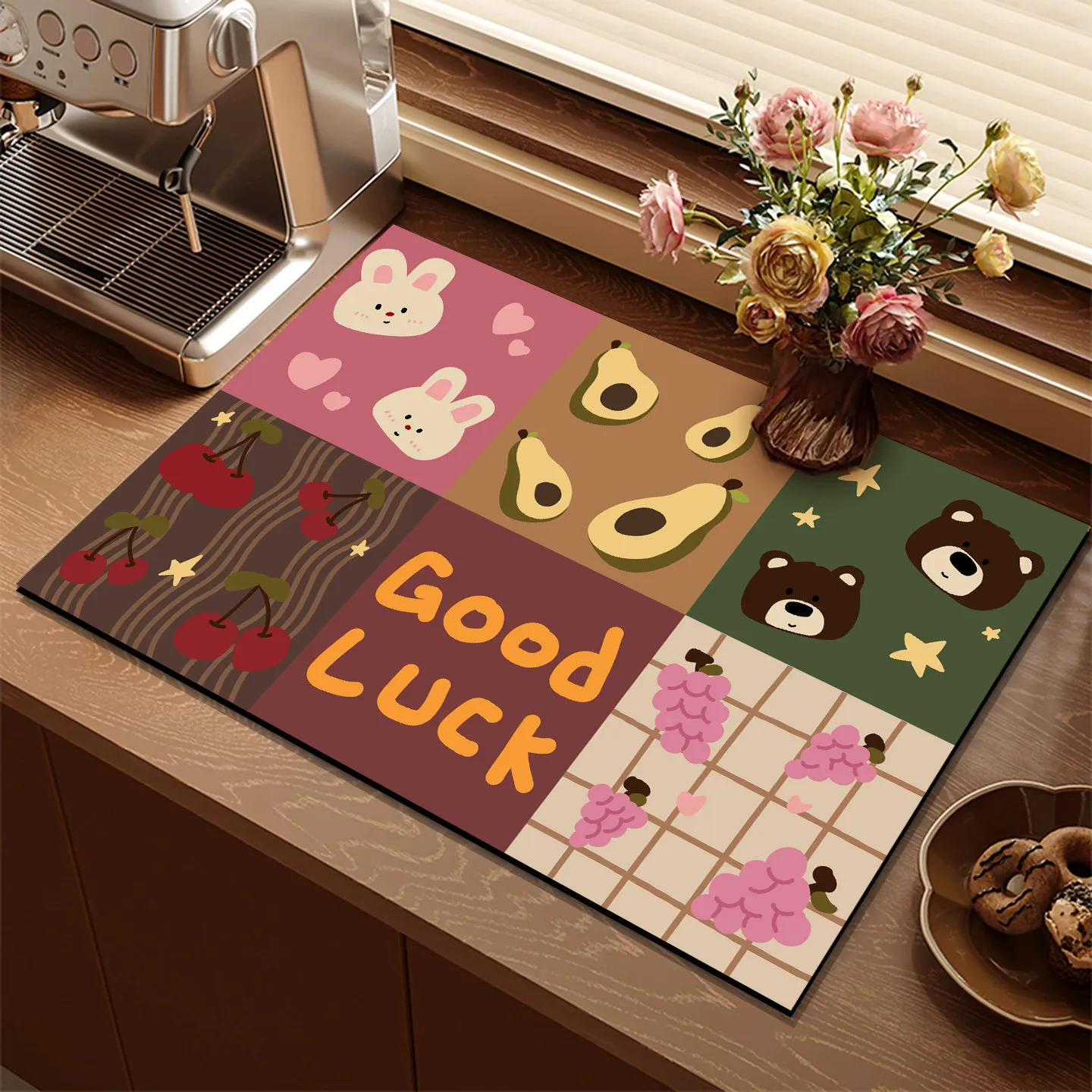 VIKAMA Cartoon Patchwork Good Luck Drying Mat Cat Watermelon Apple Print Non Slip Absorbent Espresso Machine Counter Pad