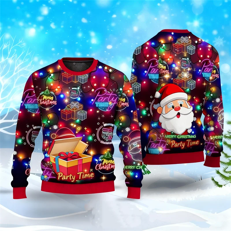 موضة ضوء النيون الرسم القبيح عيد الميلاد سترة للرجال العصرية الشارع الشهير ثلاثية الأبعاد مطبوعة بلوزات عادية المتضخم البلوفرات #2