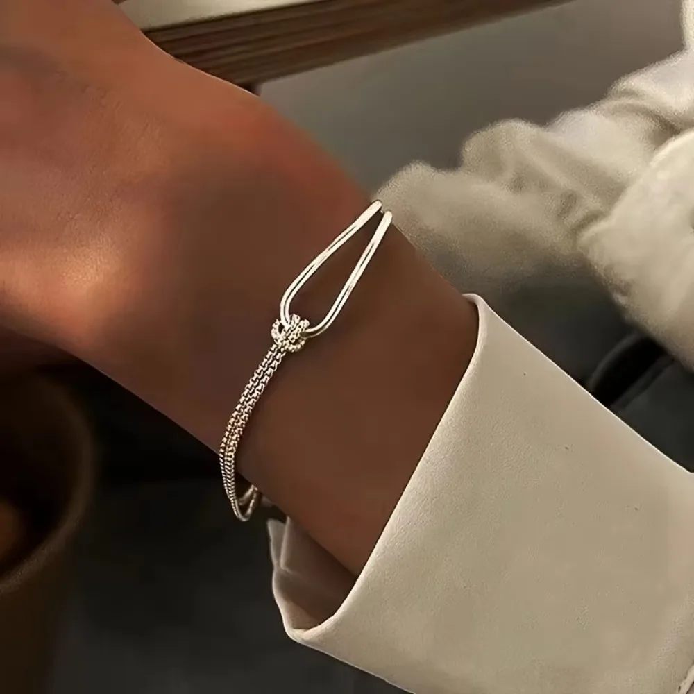 Women Girls Double Layer Cuff Bracelet Bangle Knot Curved Open Elegant Simple Adjustable Jewelry Party Wedding Daily Gift