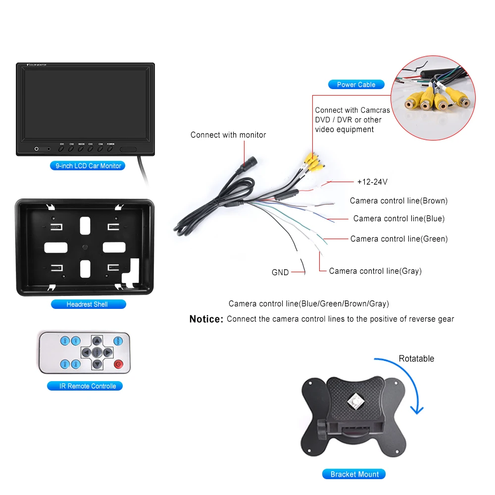 Camecho-9 인치 4 분할 화면 자동차 모니터 RCA 커넥터가 있는 12V / 24V 머리 받침 후방 모니터, 6 모드 디스플레이 원격 제어