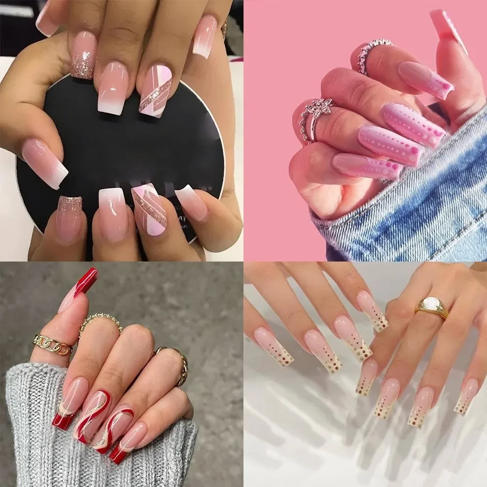 24pcs/Box Detachable Coffin False Nails Wearable French Ballerina Fake Nails Full Cover Nail Tips Press On Nails